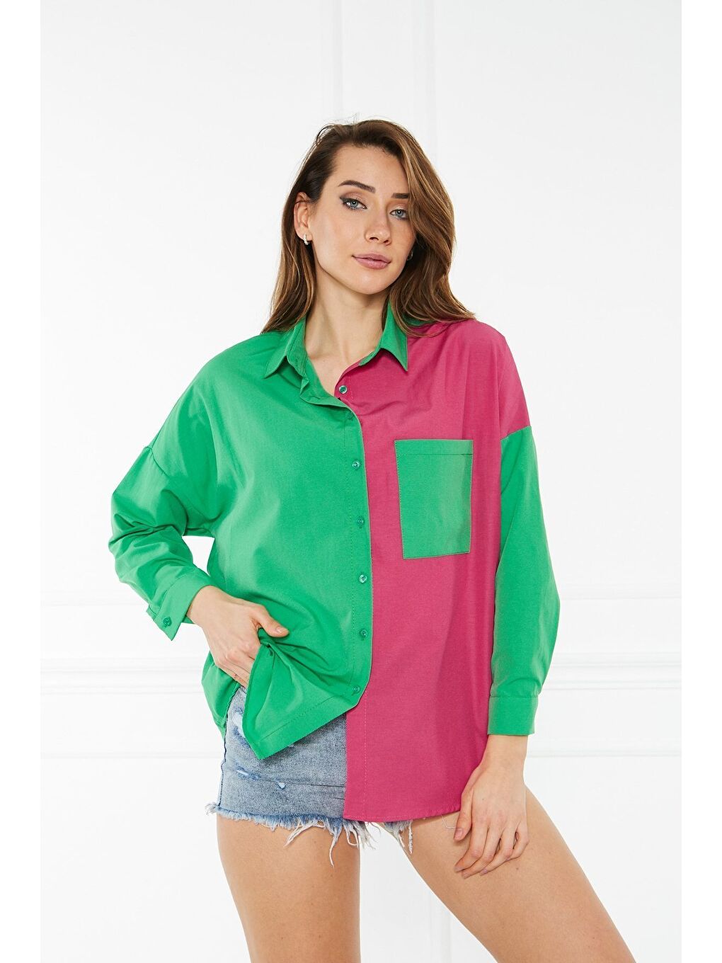 Yeşil Kadın Blok Renkli Oversize Çift Renk Poplin Gömlek-2