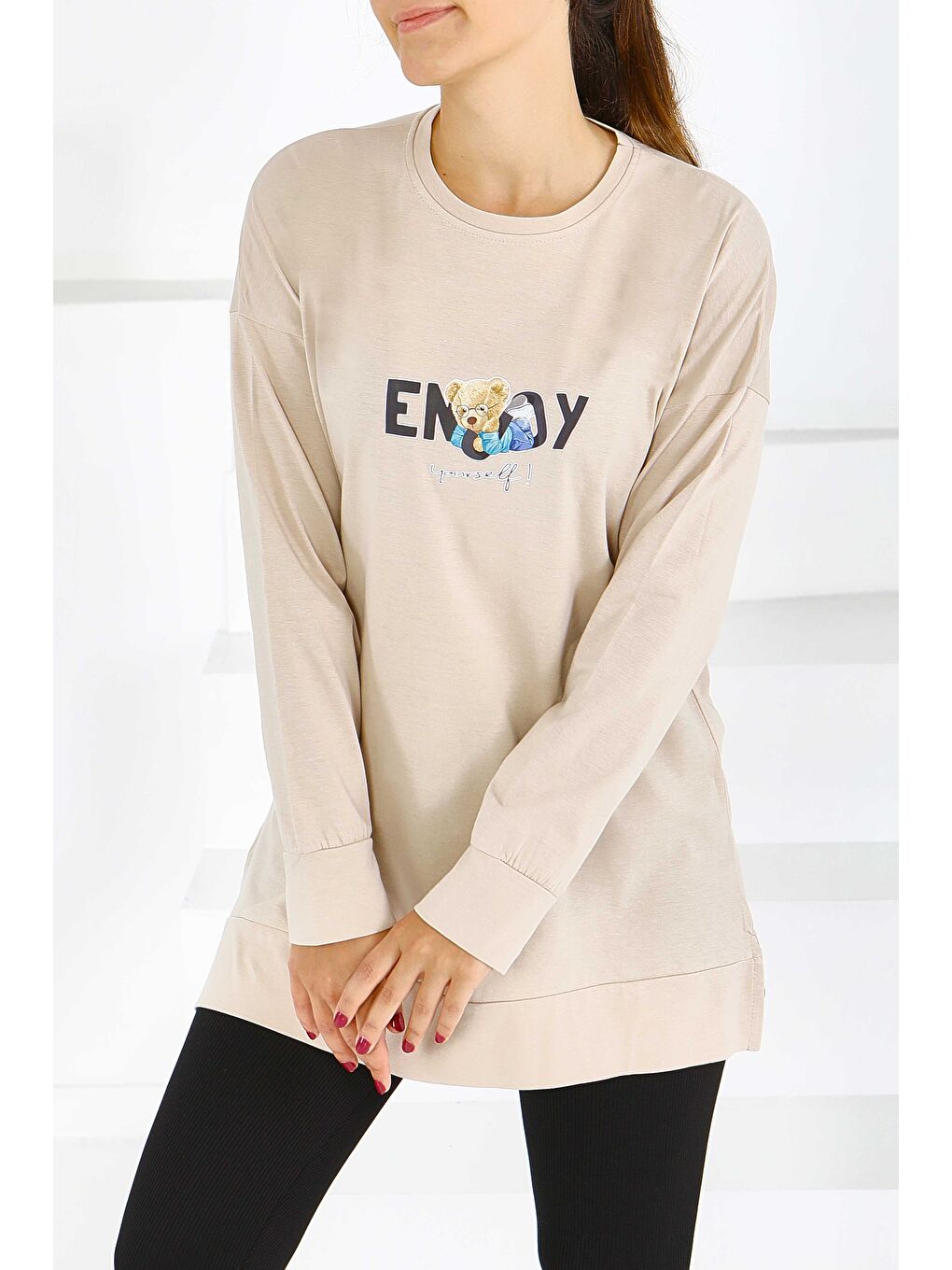 Uzun Kollu Baskılı Süprem Tunik Bej - 27589-2