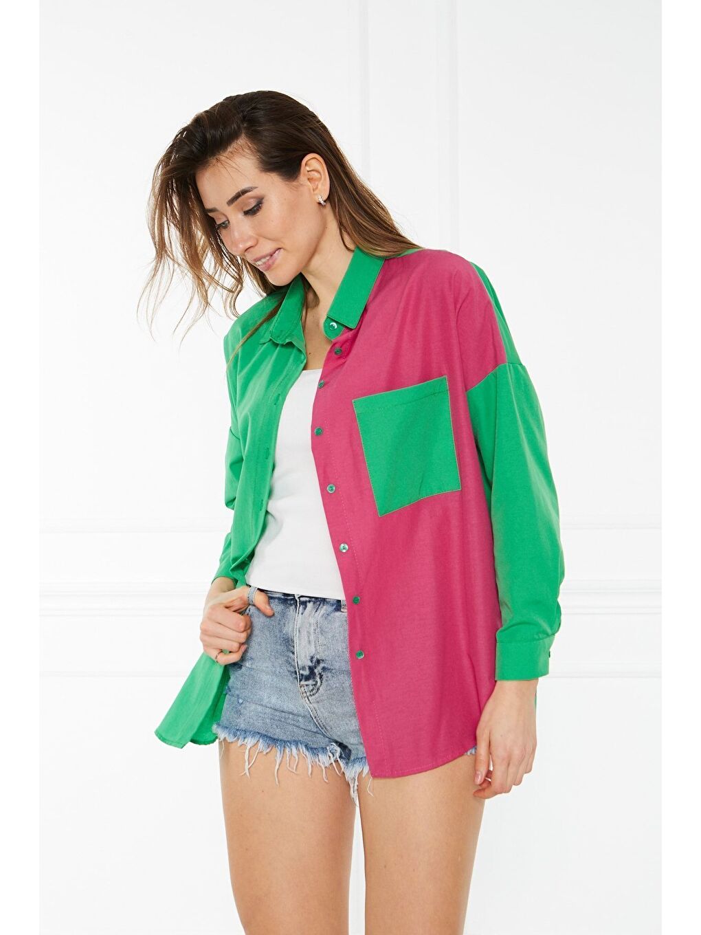 Yeşil Kadın Blok Renkli Oversize Çift Renk Poplin Gömlek-3
