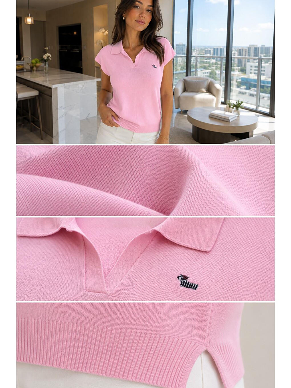 Pembe Kadın Japone Kol Polo Yaka Triko Bluz-4