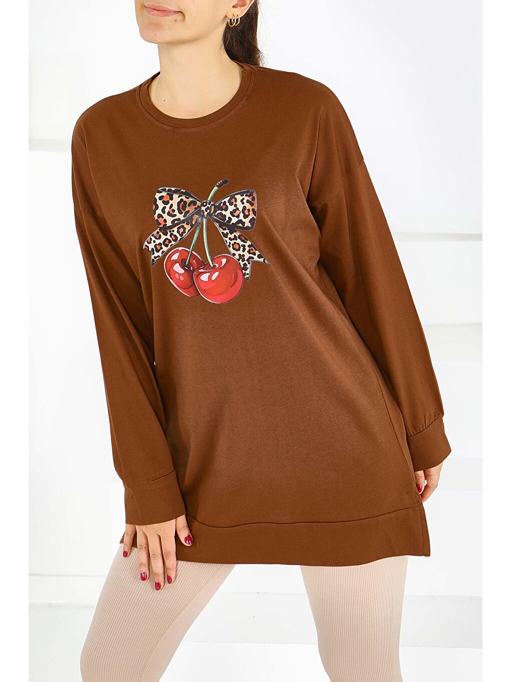 Kahverengi Uzun Kollu Baskılı Süprem Tunik Kahve - 27588