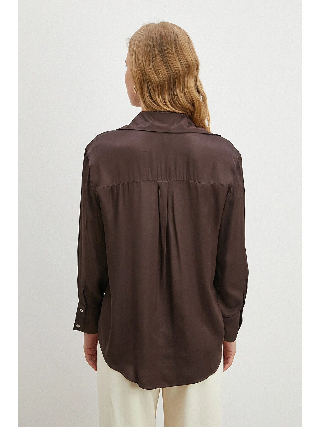 Karışık Viskon Saten Gömlek Kahve-3