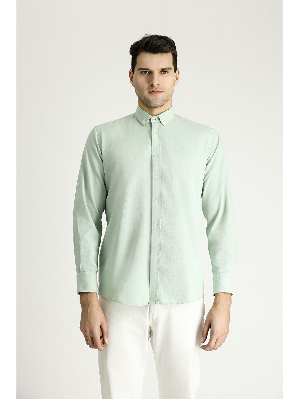 Turkuaz Uzun Kol Rahat Kesim Düğmeli Yaka %100 Pamuk Nefes Alabilen Keten Görünümlü Gömlek-3