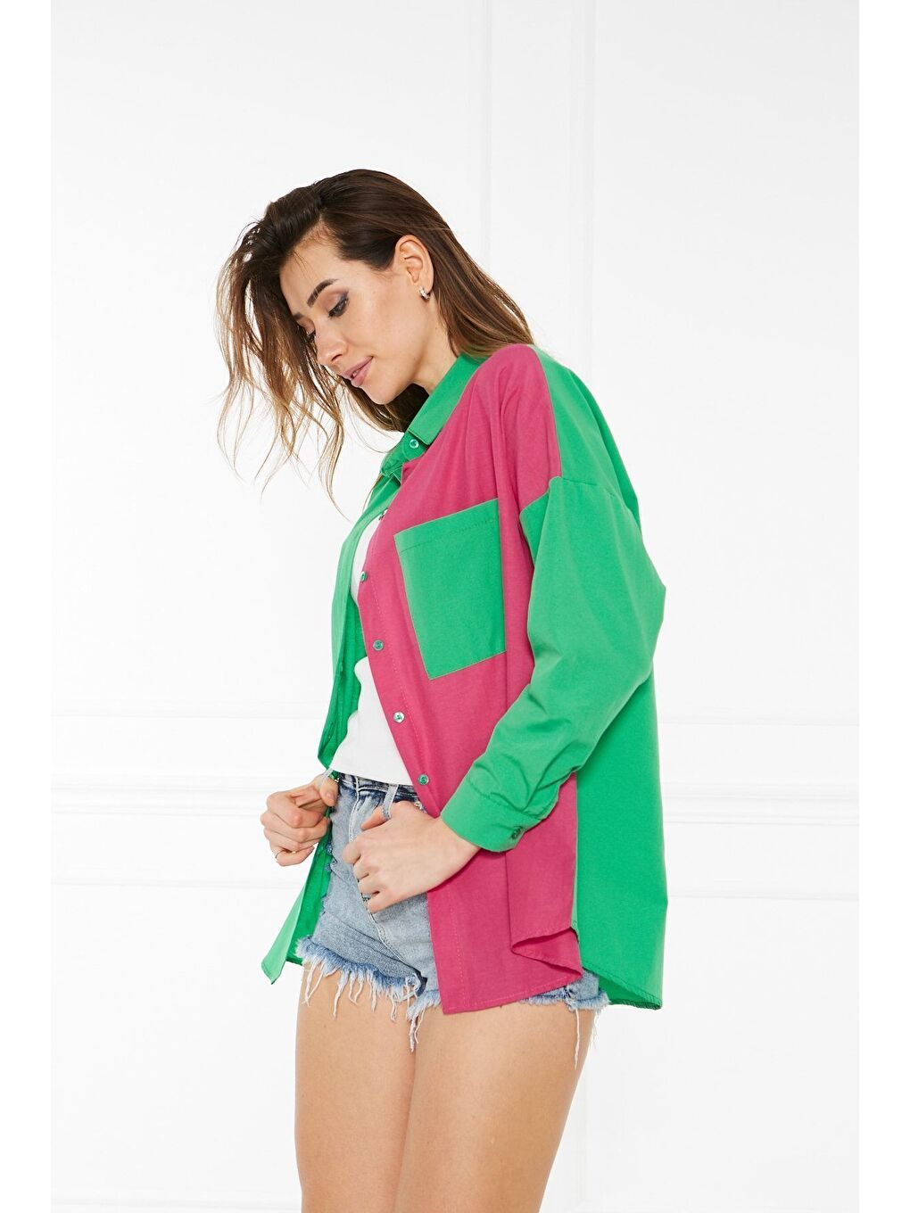 Yeşil Kadın Blok Renkli Oversize Çift Renk Poplin Gömlek-4