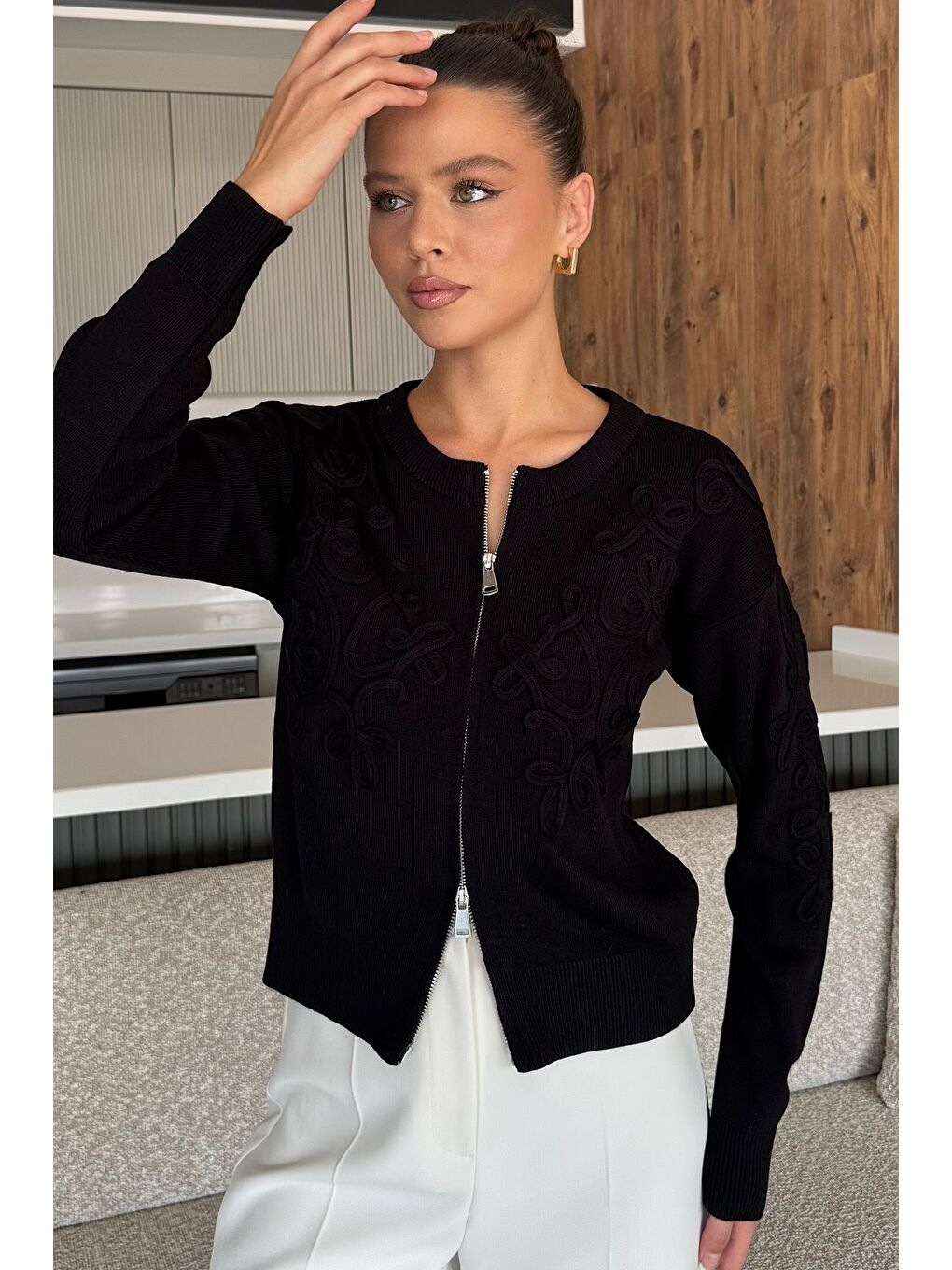 Siyah Kadın Fermuarlı Triko Hırka (s-m-l Uyumludur)