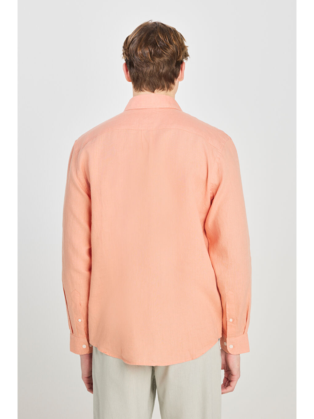 %100 Keten Regular Fit Normal Kesim Turuncu Gömlek-4
