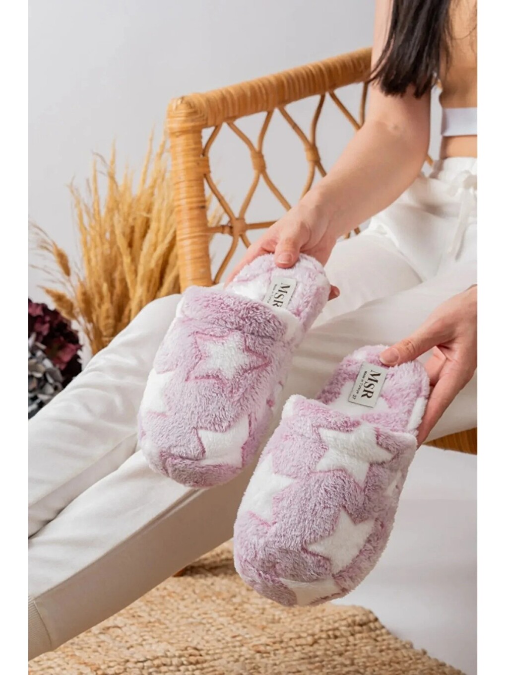 Karışık Unisex Nakışlı Kadife Ev Terliği-2