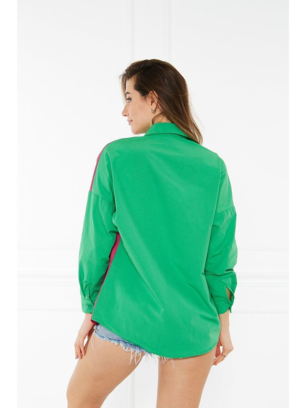 Yeşil Kadın Blok Renkli Oversize Çift Renk Poplin Gömlek-5