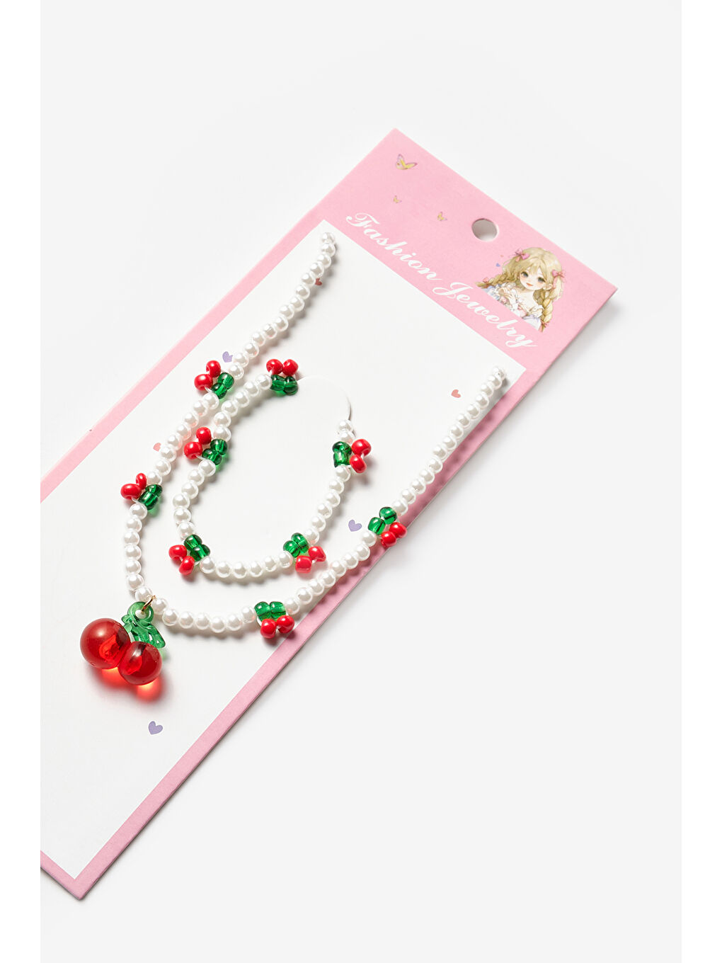 Beyaz Kiraz Figürlü Kız Çocuk Kolye ve Bileklik Set-1