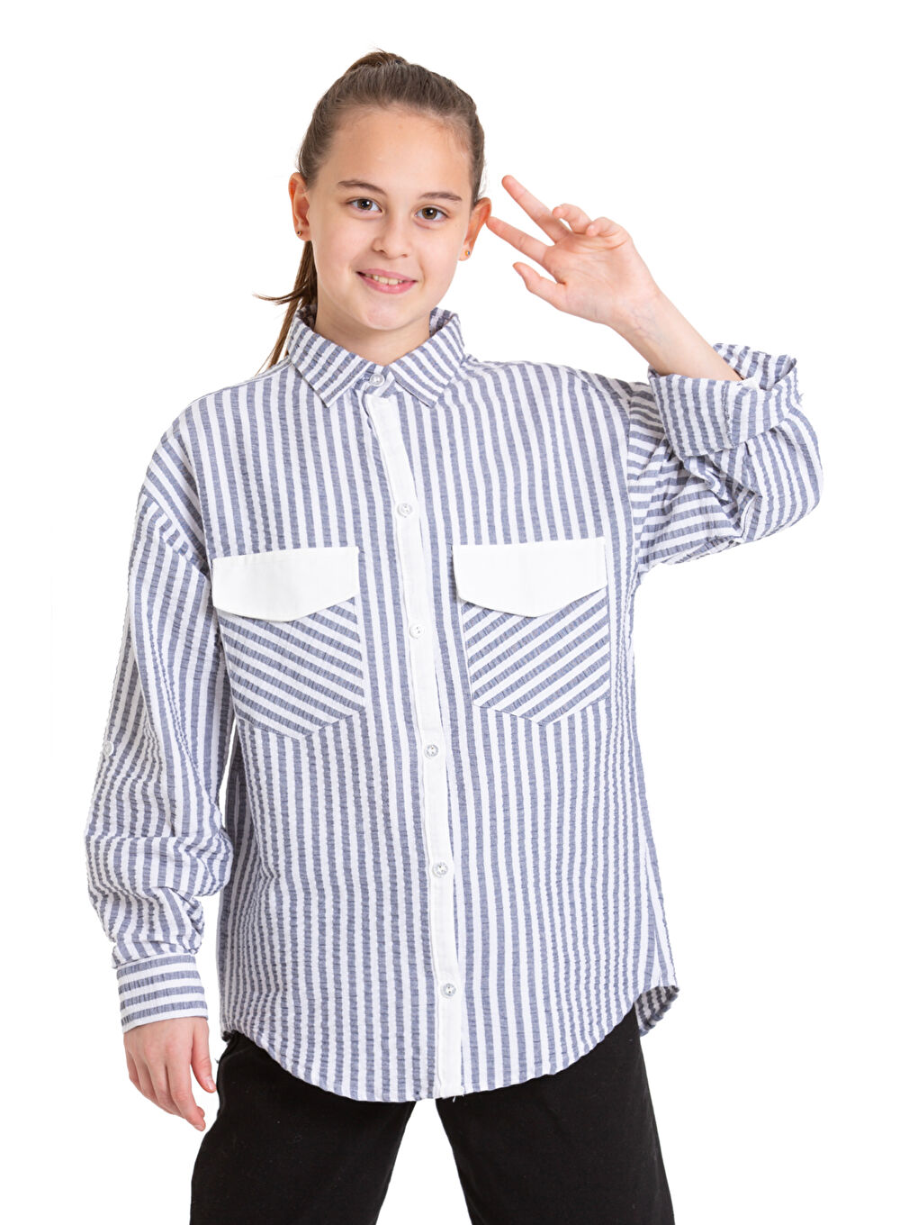 Gri Kız Çocuk Flamlı Pamuk Gömlek P092-1