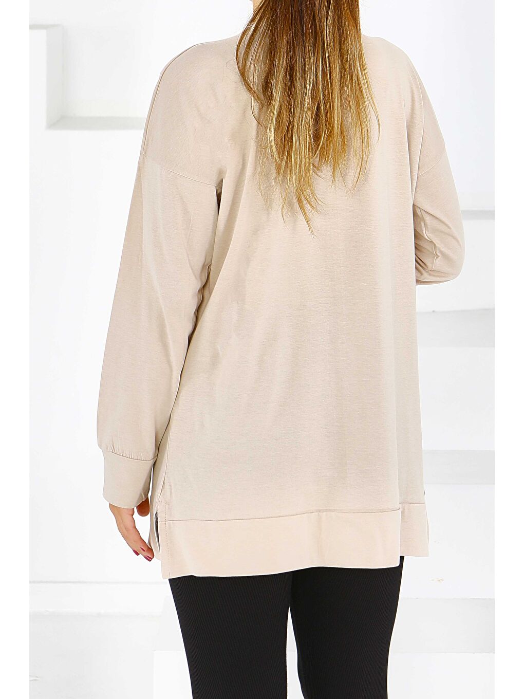 Uzun Kollu Baskılı Süprem Tunik Bej - 27589-3