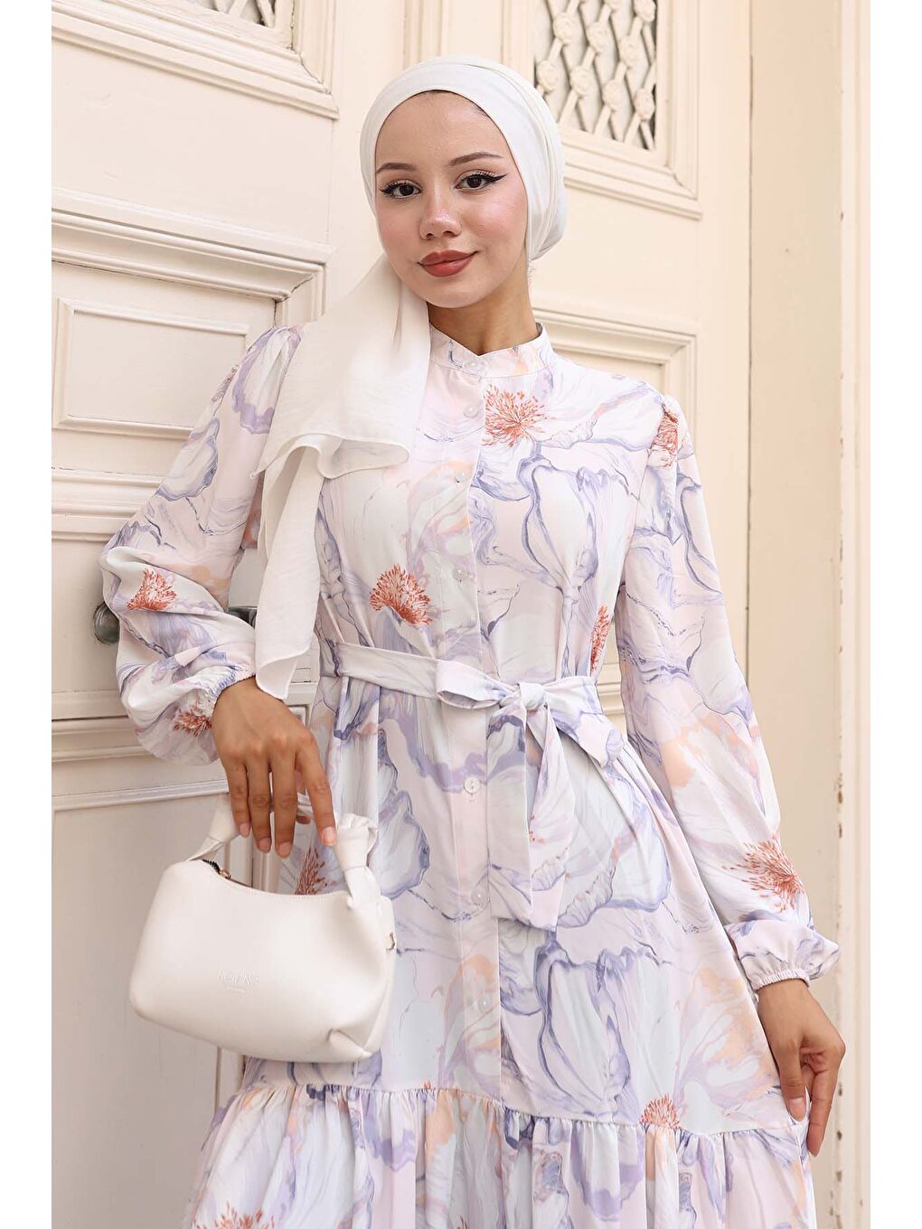 Bej Kadın Desenli Uzun Tesettür Elbise 2586 - Taş-1