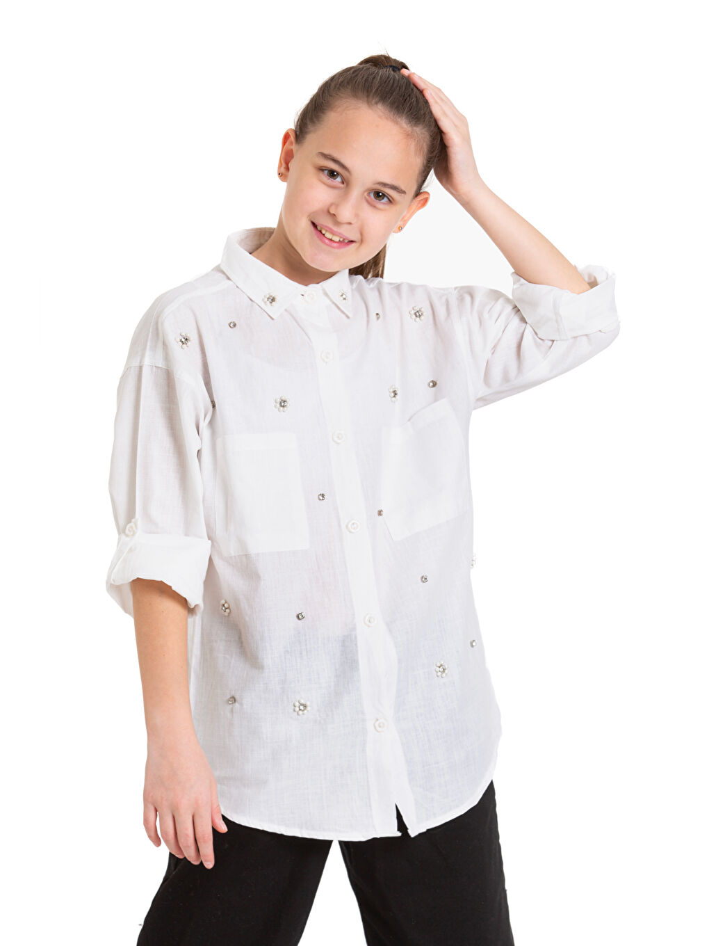 Ekru Kız Çocuk Taş Süslemeli Gömlek P093-1