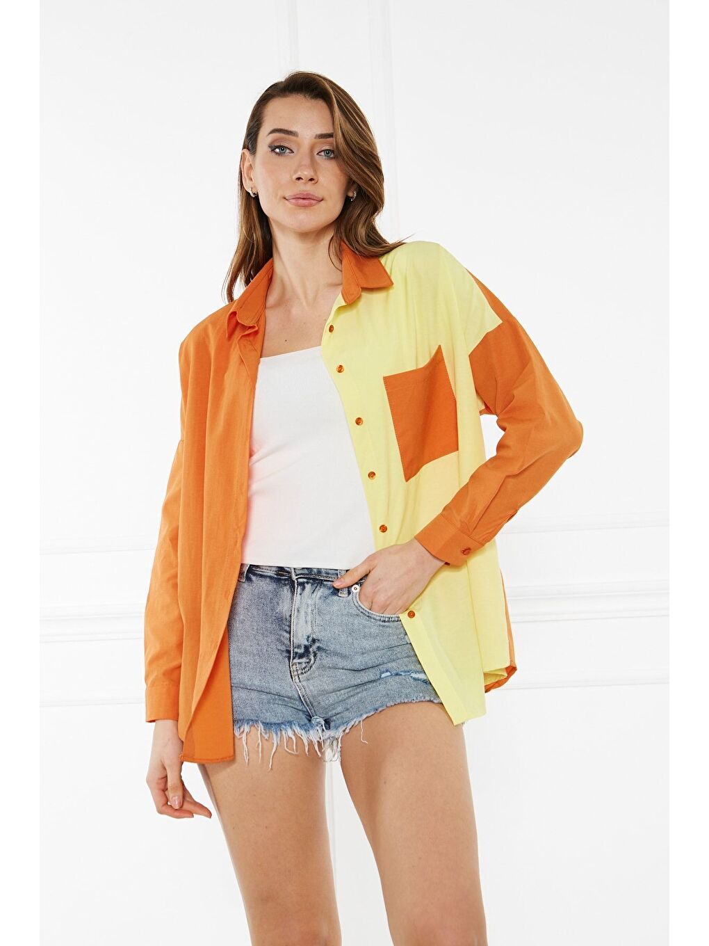 Turuncu Kadın Blok Renkli Oversize Çift Renk Poplin Gömlek