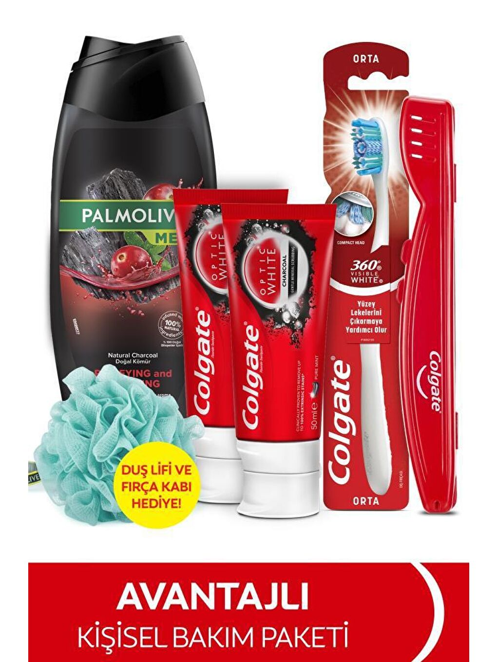 Colgate Karışık Diş Macunu 50 ml X2, Orta Diş Fırçası, Palmolive Men Duş Jeli 500 ml + Duş Lifi & Fırça Kabı