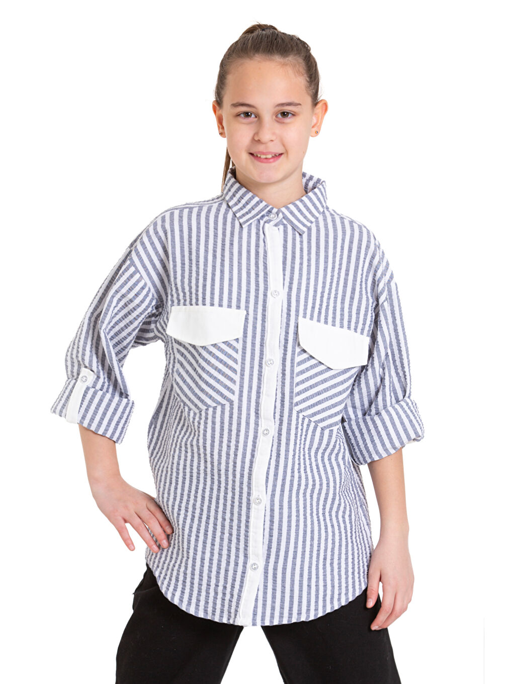 Gri Kız Çocuk Flamlı Pamuk Gömlek P092-2
