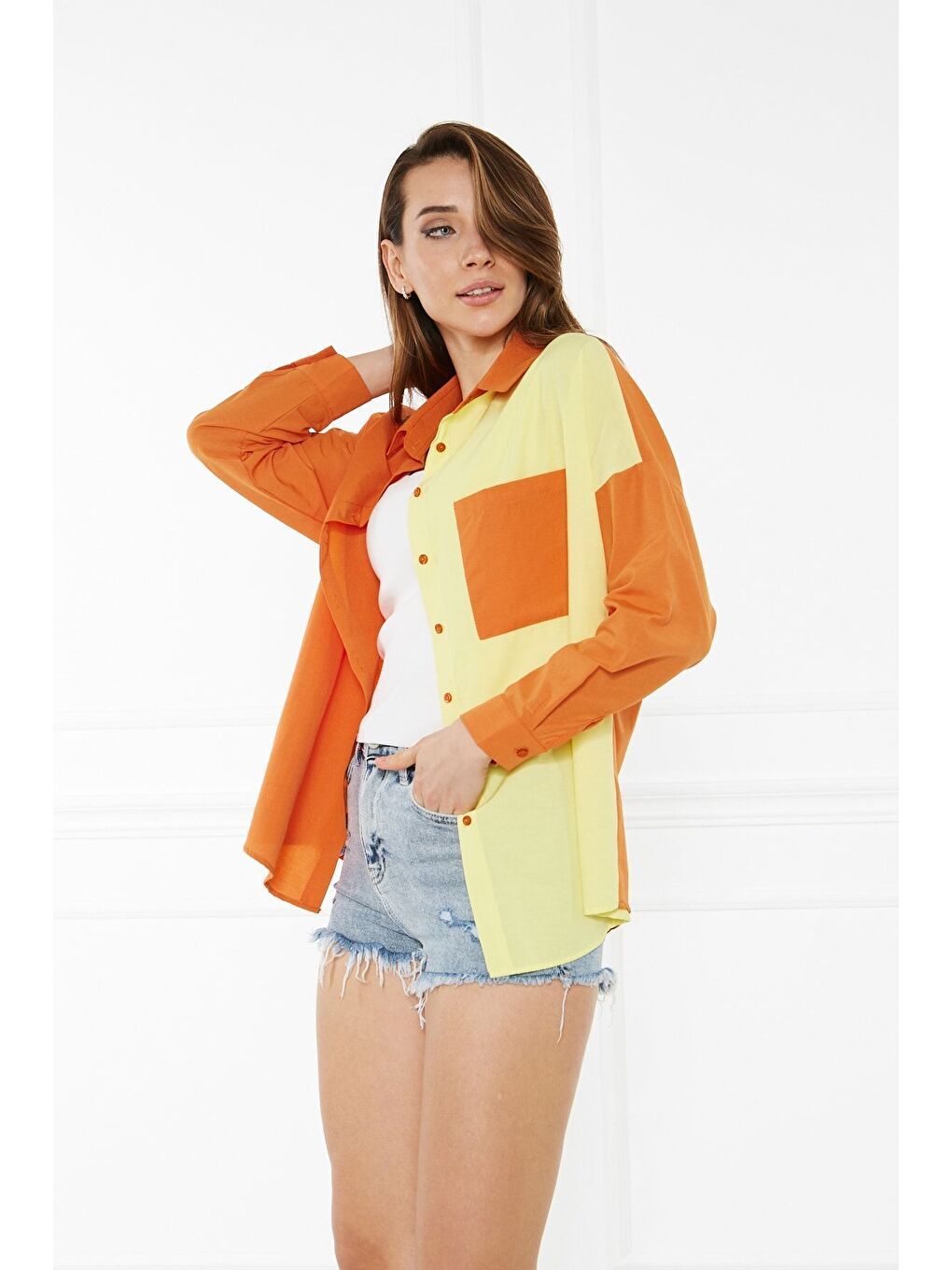Turuncu Kadın Blok Renkli Oversize Çift Renk Poplin Gömlek-1