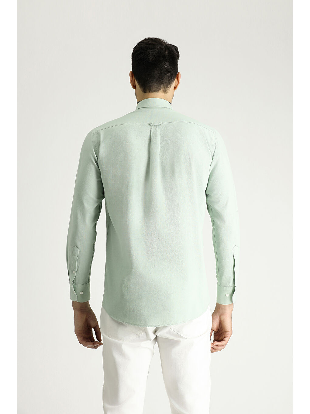 Turkuaz Uzun Kol Rahat Kesim Düğmeli Yaka %100 Pamuk Nefes Alabilen Keten Görünümlü Gömlek-4