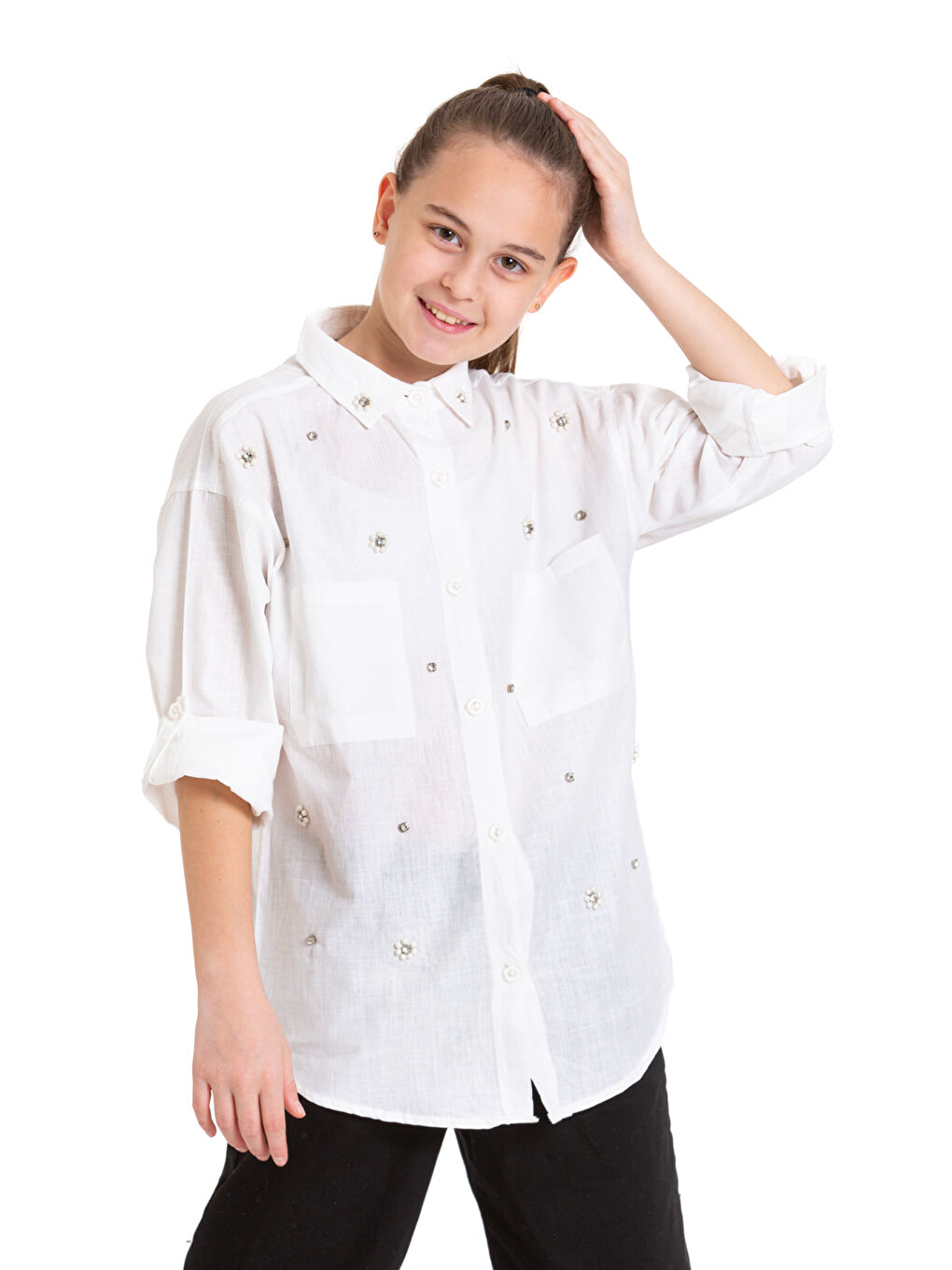 Beyaz Kız Çocuk Taş Süslemeli Gömlek P093-1