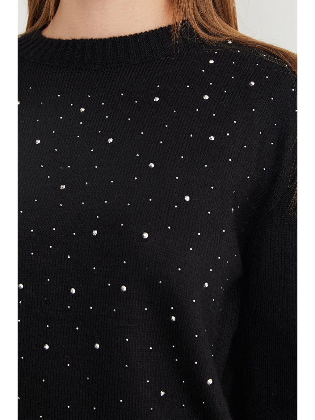 Siyah Taşlı Bisiklet Yaka Triko Kazak-2