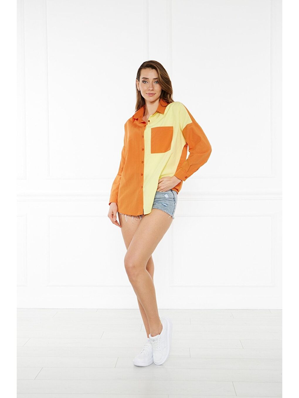 Turuncu Kadın Blok Renkli Oversize Çift Renk Poplin Gömlek-2