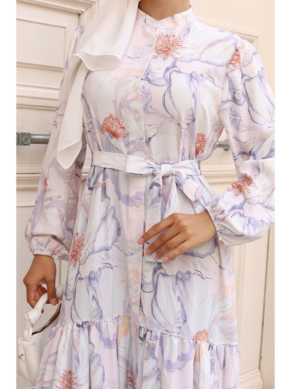 Bej Kadın Desenli Uzun Tesettür Elbise 2586 - Taş-2