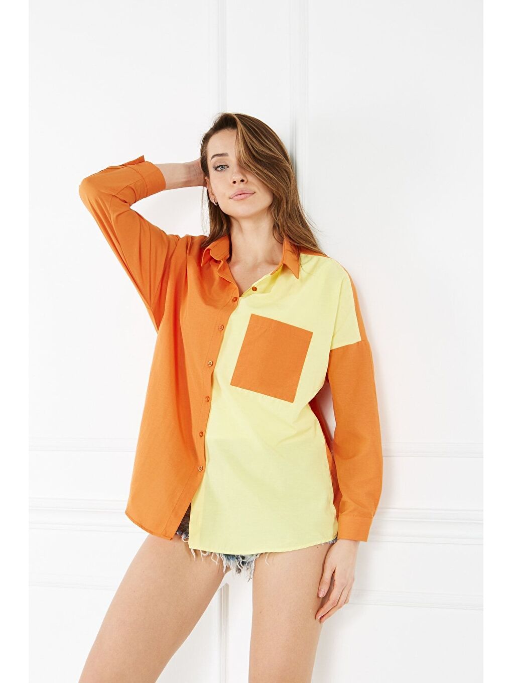 Turuncu Kadın Blok Renkli Oversize Çift Renk Poplin Gömlek-3