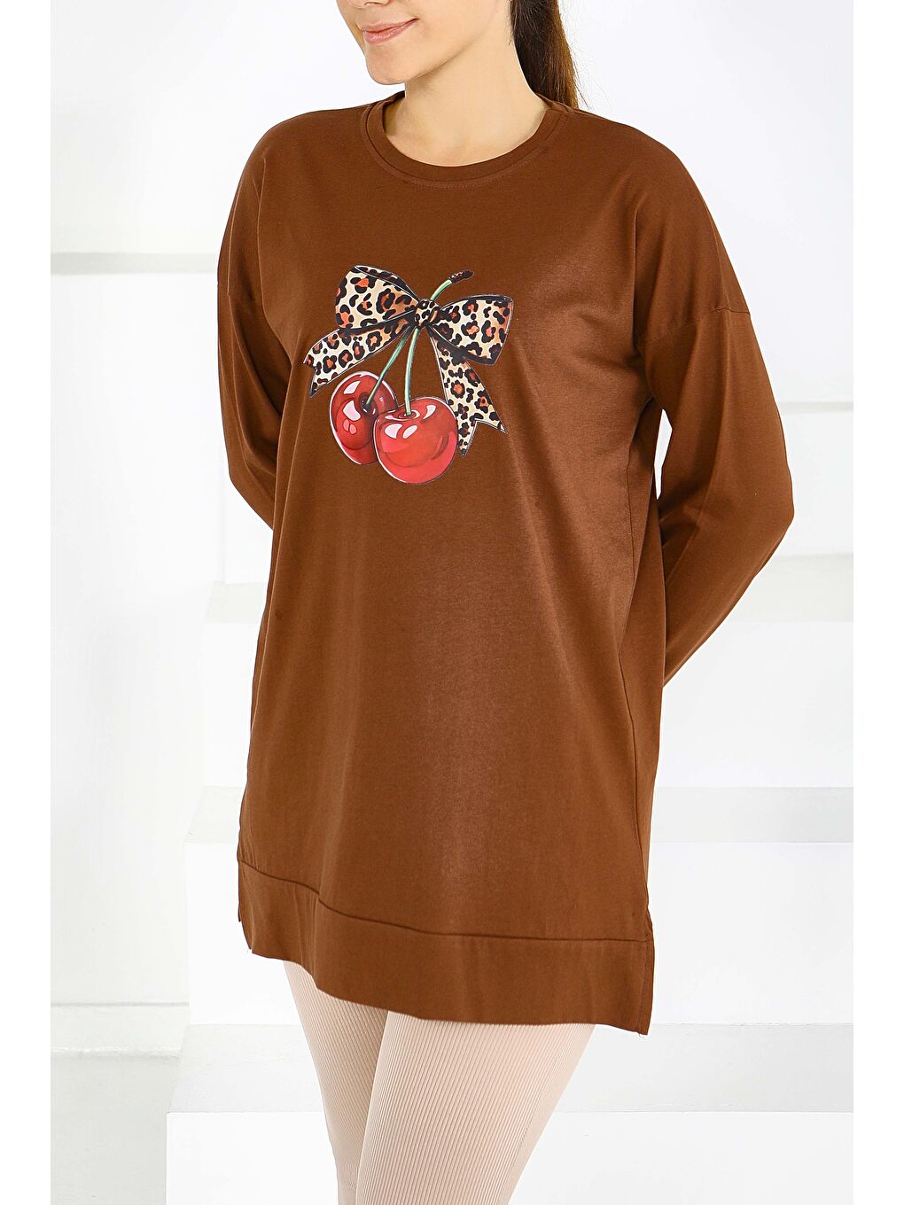 Kahverengi Uzun Kollu Baskılı Süprem Tunik Kahve - 27588-1