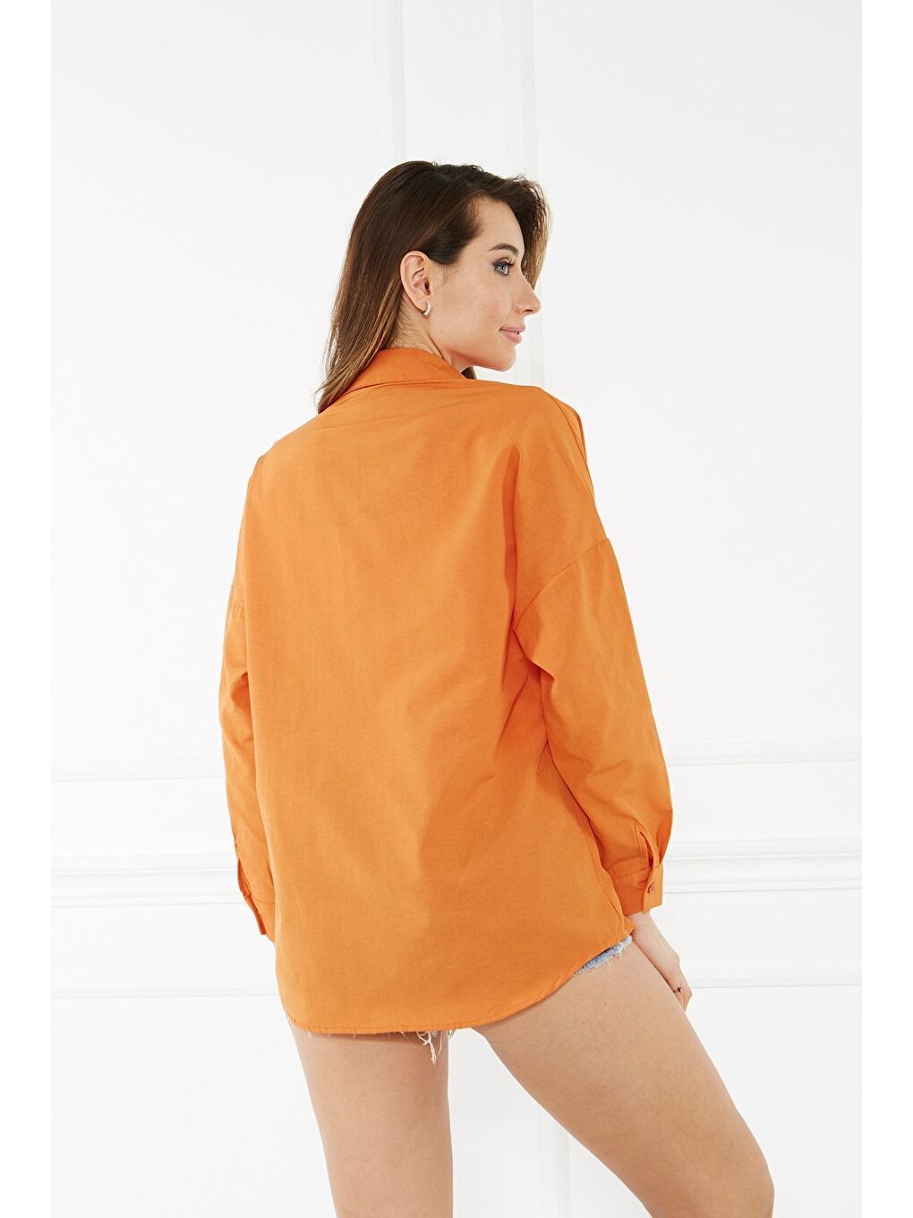 Turuncu Kadın Blok Renkli Oversize Çift Renk Poplin Gömlek-4