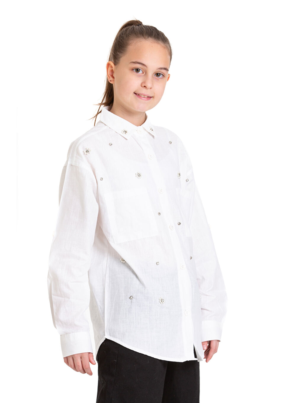 Beyaz Kız Çocuk Taş Süslemeli Gömlek P093-2