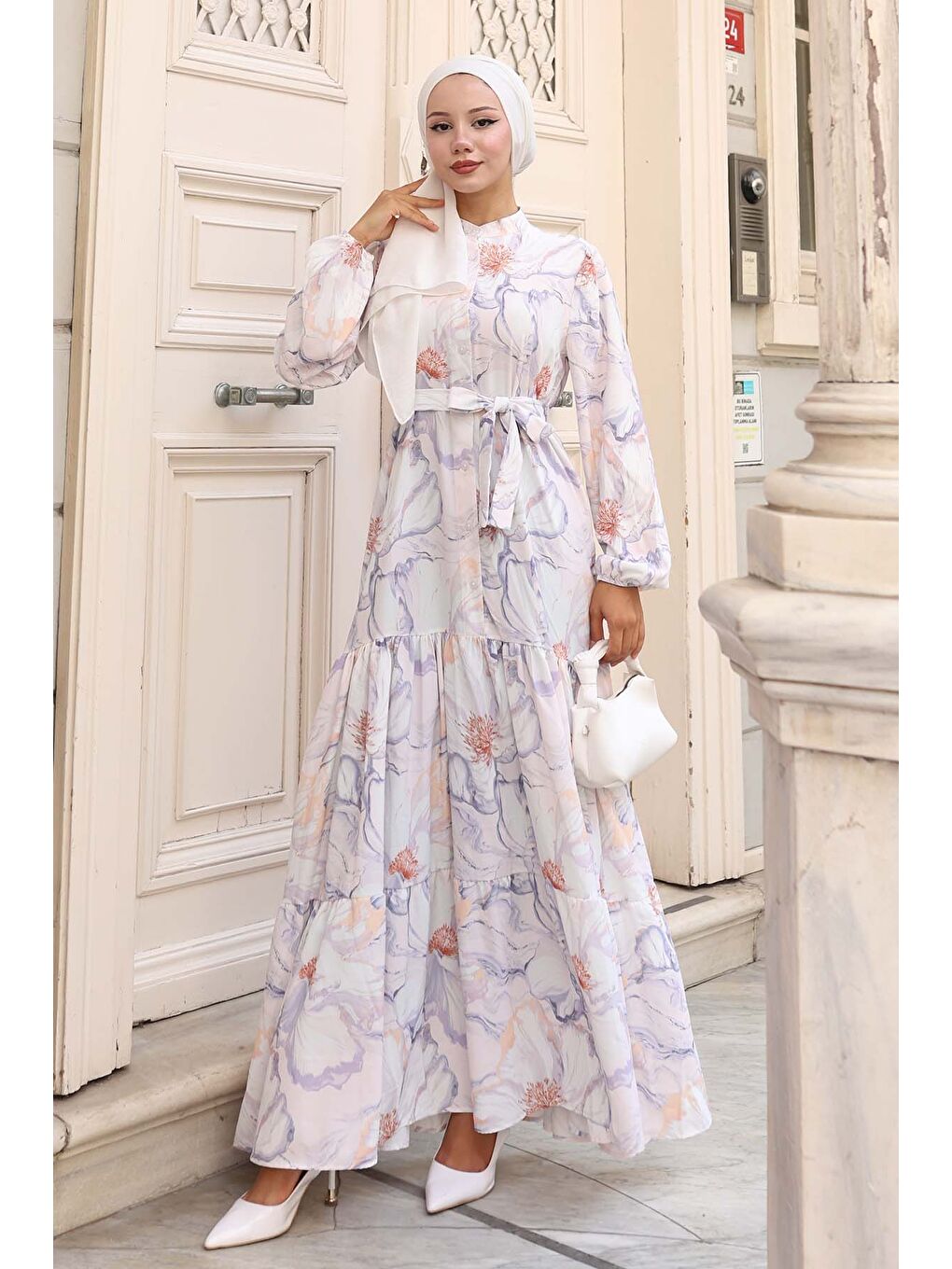 Bej Kadın Desenli Uzun Tesettür Elbise 2586 - Taş-3