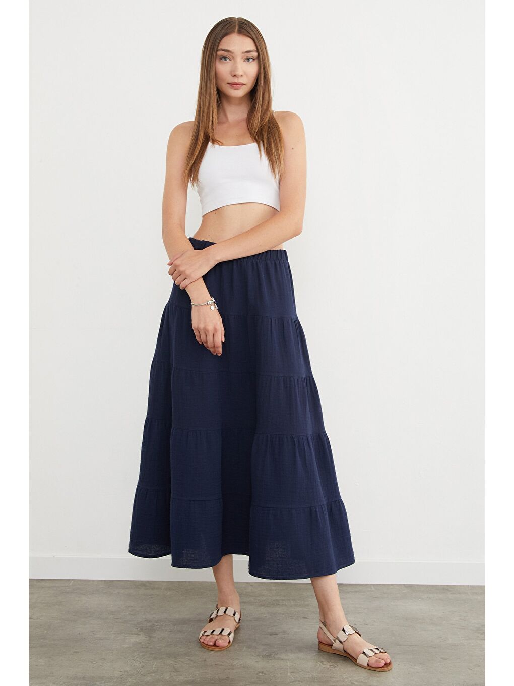 Lacivert Beli Lastikli Keten Görünümlü Etek