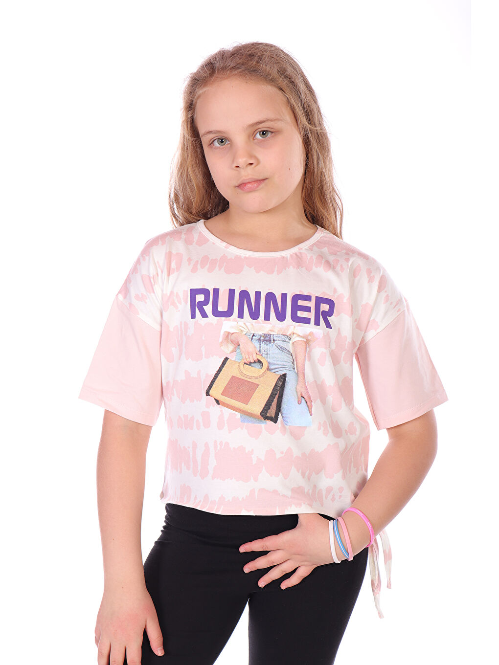 Pembe Kız Çocuk Runner Baskılı Batikli Tişört