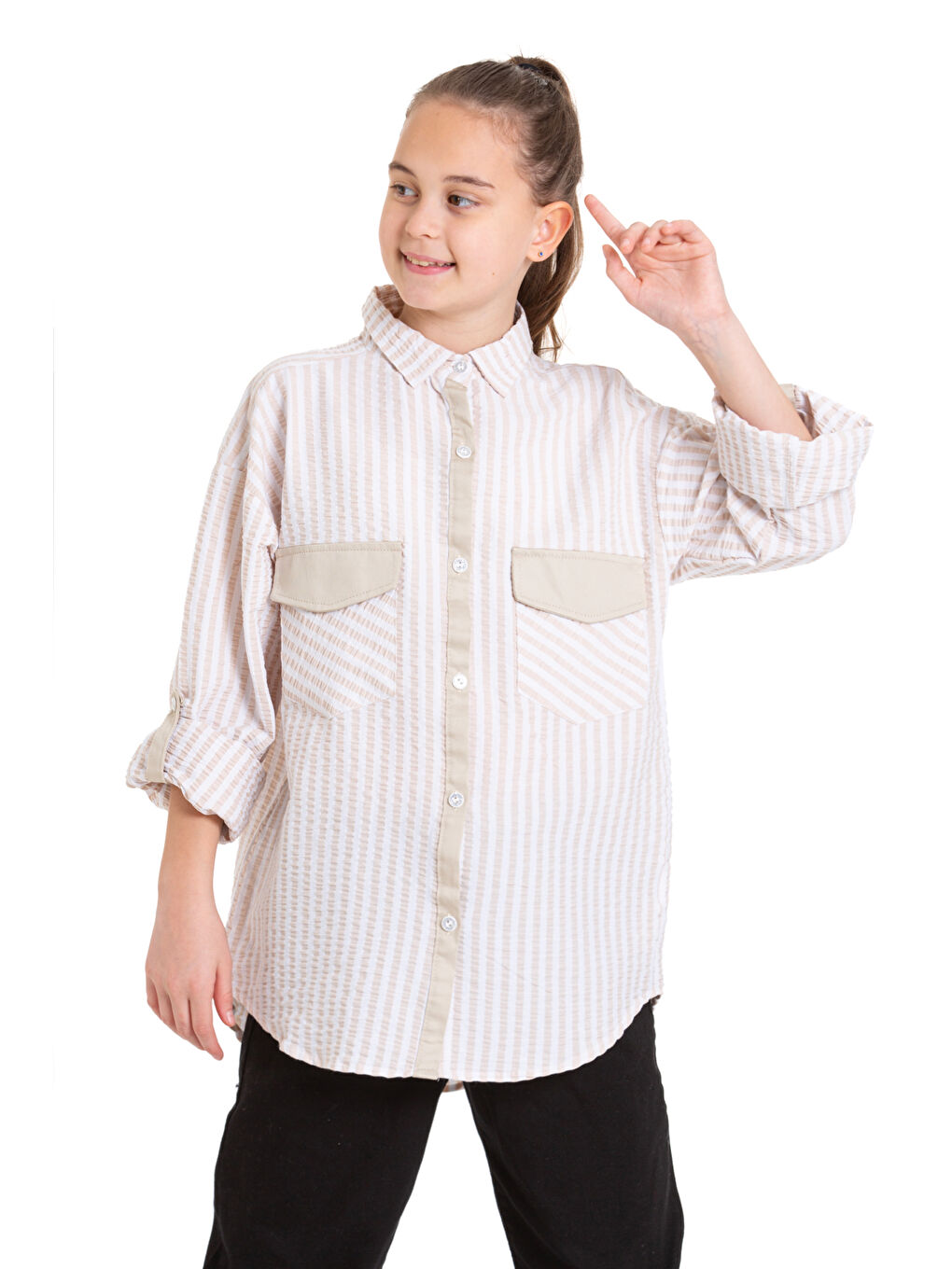 Ekru Kız Çocuk Flamlı Pamuk Gömlek P092