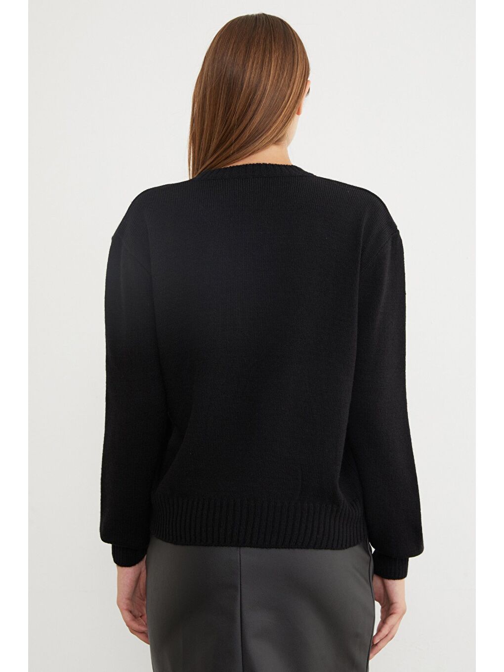 Siyah Taşlı Bisiklet Yaka Triko Kazak-3