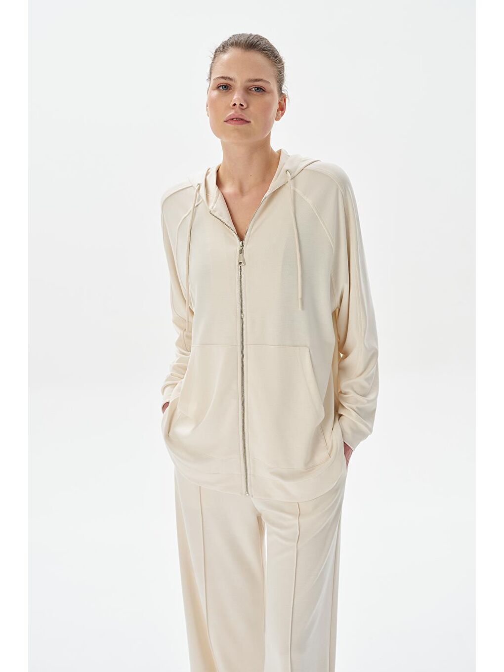 Modal Örme Kapüşonlu Oversize Hırka Ekru