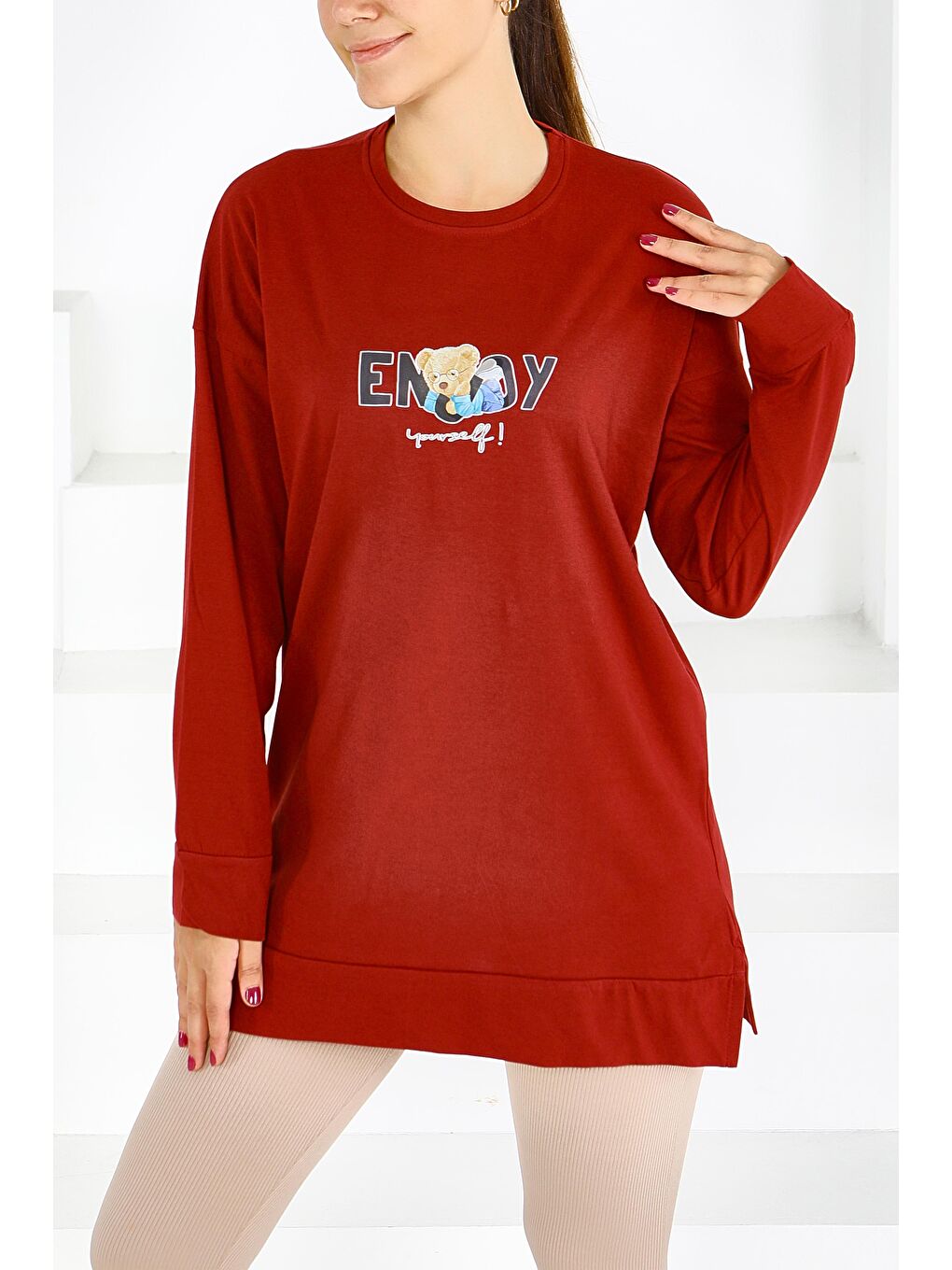 Uzun Kollu Baskılı Süprem Tunik Bordo - 27589