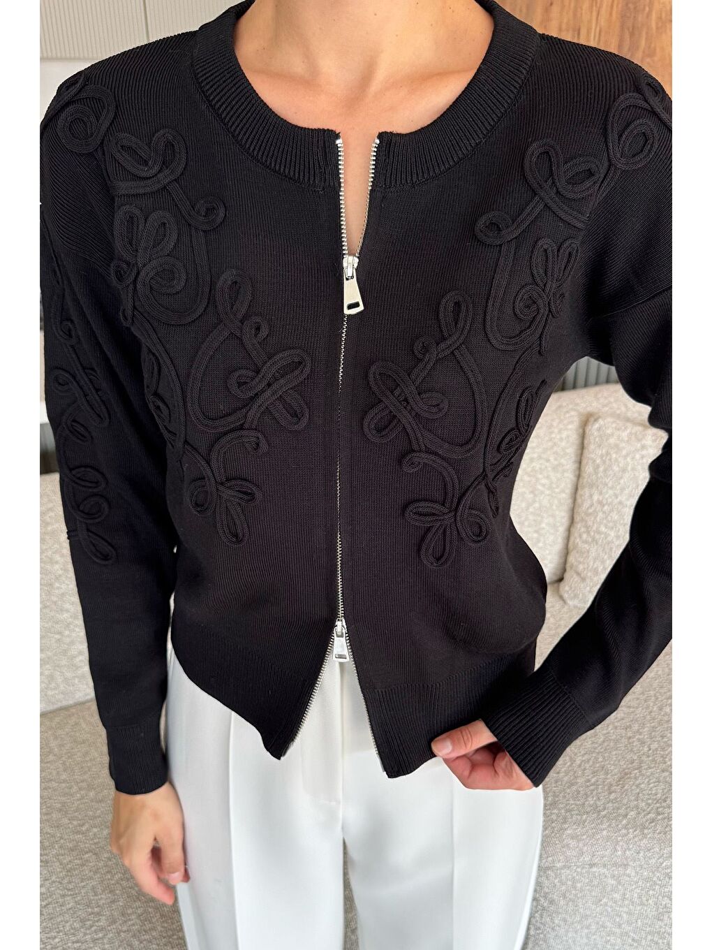 Siyah Kadın Fermuarlı Triko Hırka (s-m-l Uyumludur)-1