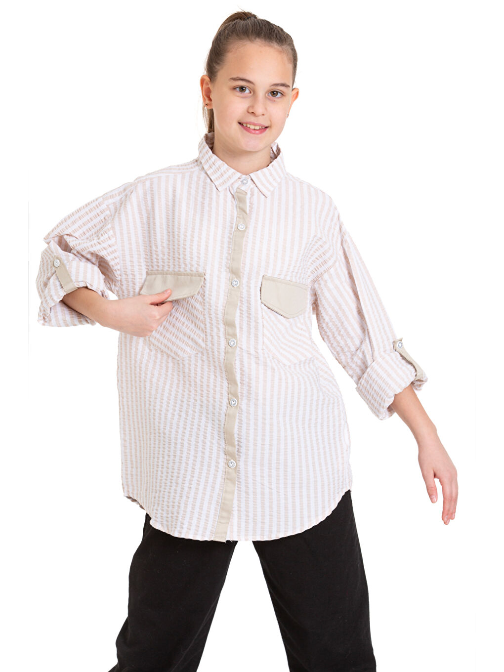 Ekru Kız Çocuk Flamlı Pamuk Gömlek P092-1