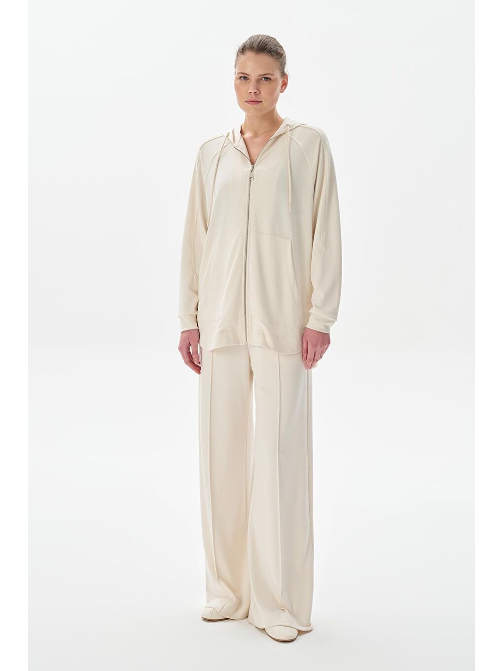 Modal Örme Kapüşonlu Oversize Hırka Ekru-2