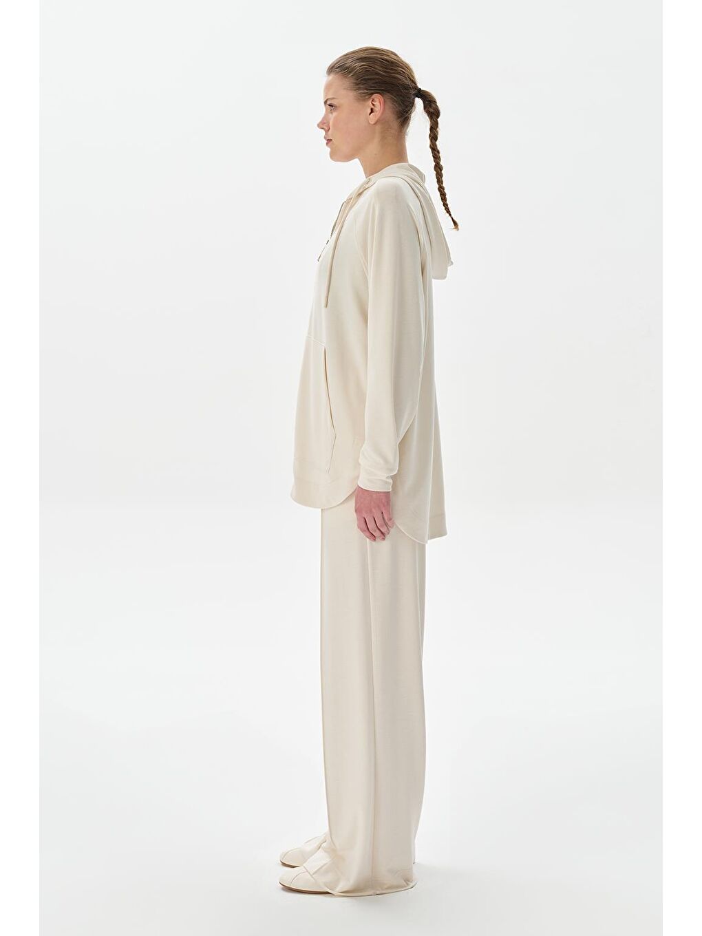 Modal Örme Kapüşonlu Oversize Hırka Ekru-3