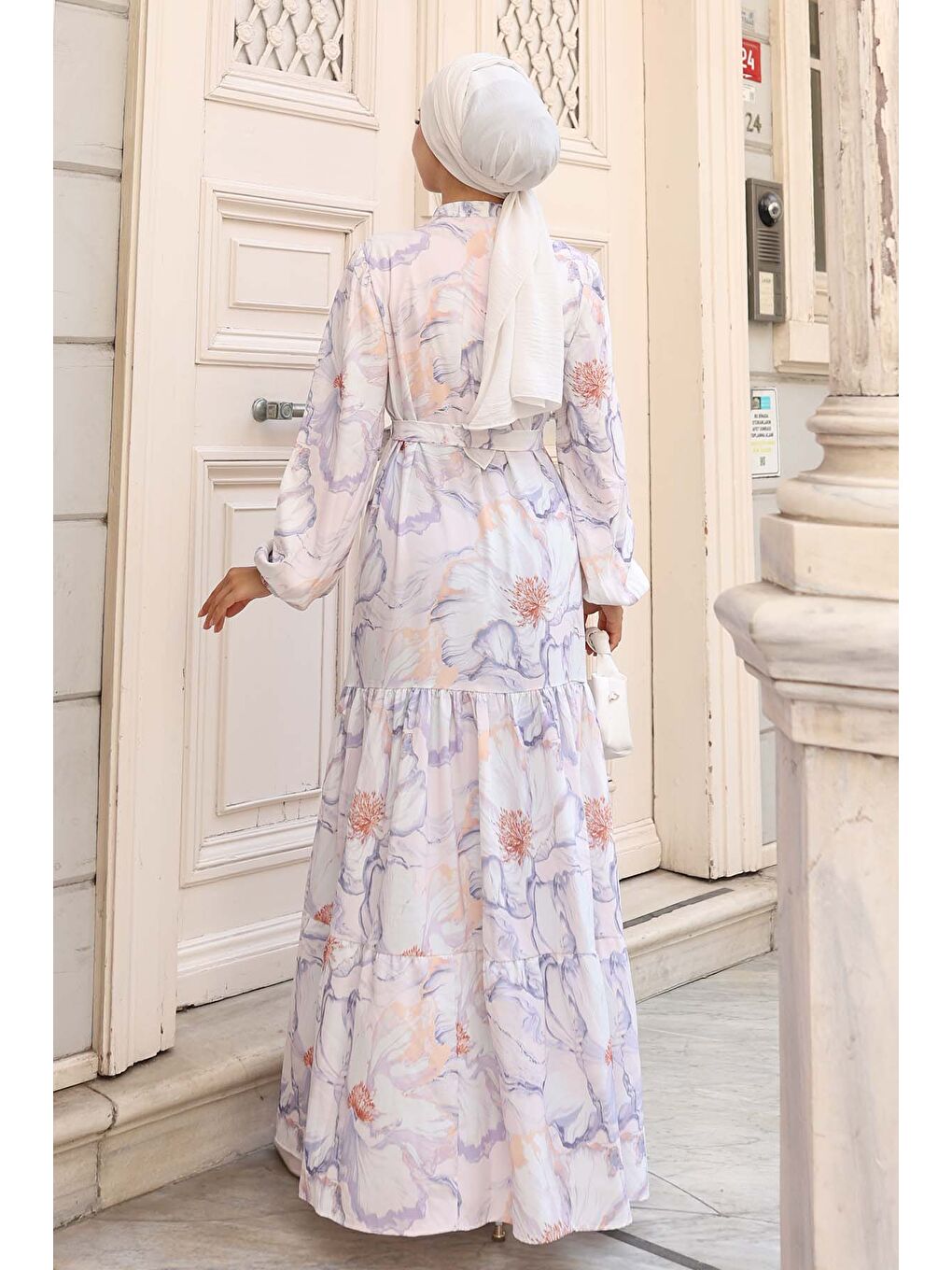 Bej Kadın Desenli Uzun Tesettür Elbise 2586 - Taş-4