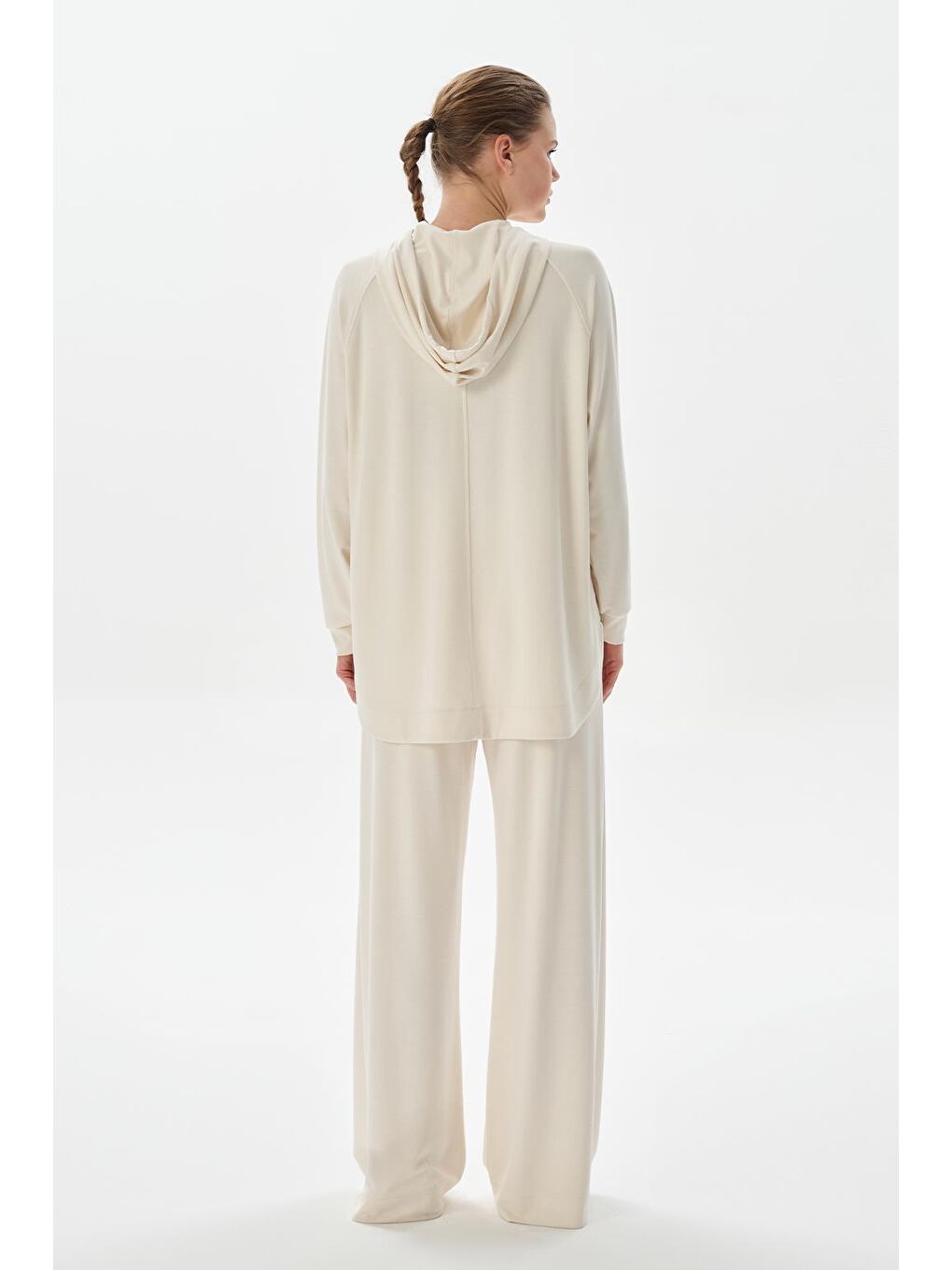 Modal Örme Kapüşonlu Oversize Hırka Ekru-4