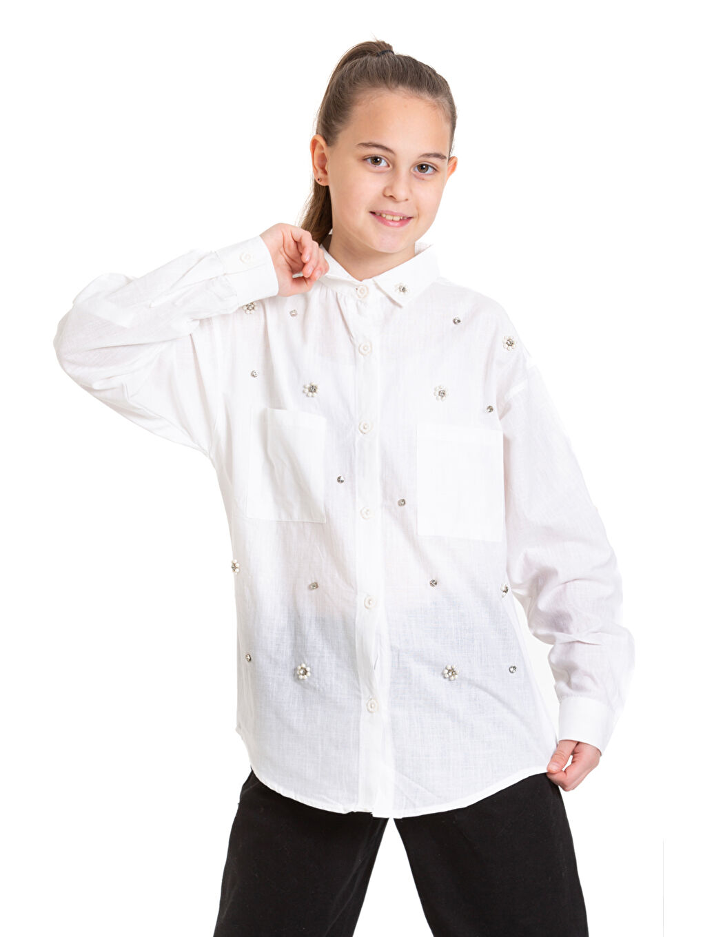 Beyaz Kız Çocuk Taş Süslemeli Gömlek P093-3