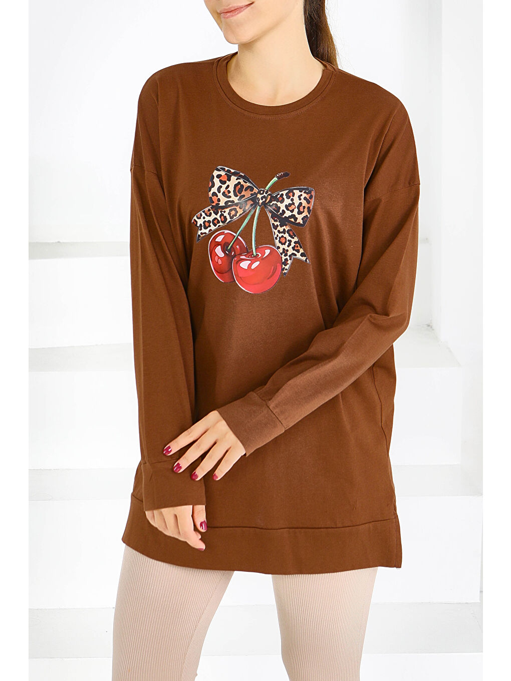 Kahverengi Uzun Kollu Baskılı Süprem Tunik Kahve - 27588-2