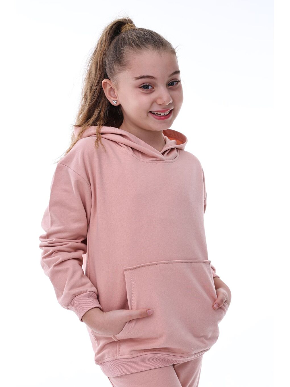 Pembe Basic Kapüşonlu Şardonlu Kanguru Cep Detaylı Çocuk Sweatshirt 3-10 Yaş Ekru-1