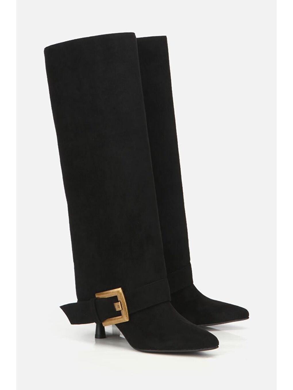 Kadın Süet Siyah Pantolon Görünümlü Tokalı Topuklu Çizme-1