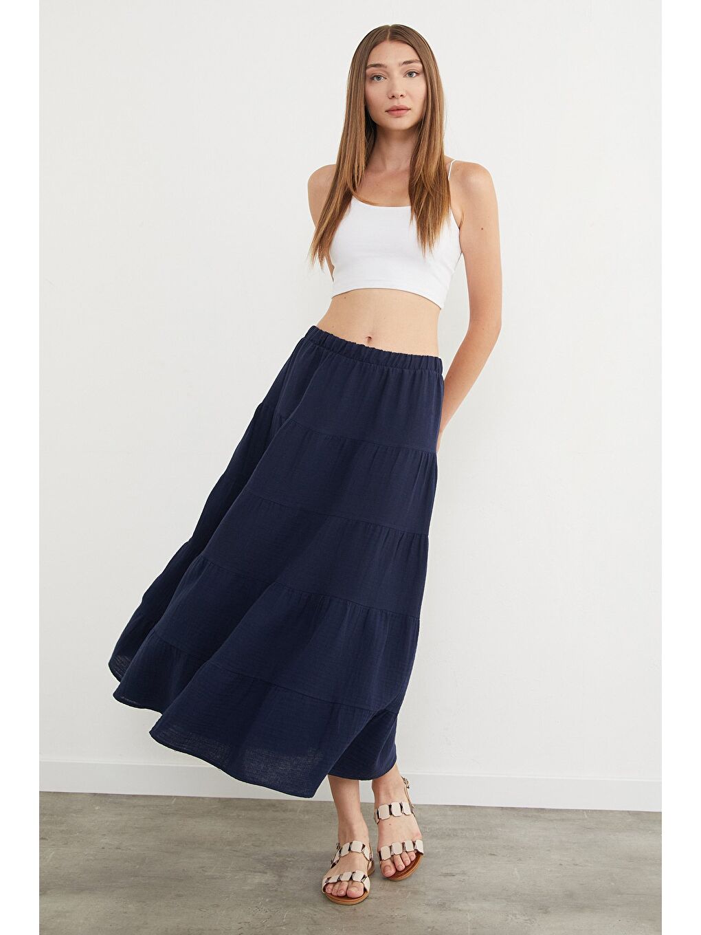 Lacivert Beli Lastikli Keten Görünümlü Etek-1