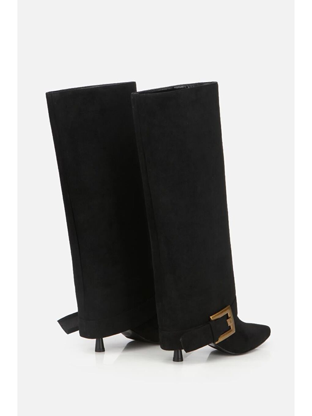 Kadın Süet Siyah Pantolon Görünümlü Tokalı Topuklu Çizme-2
