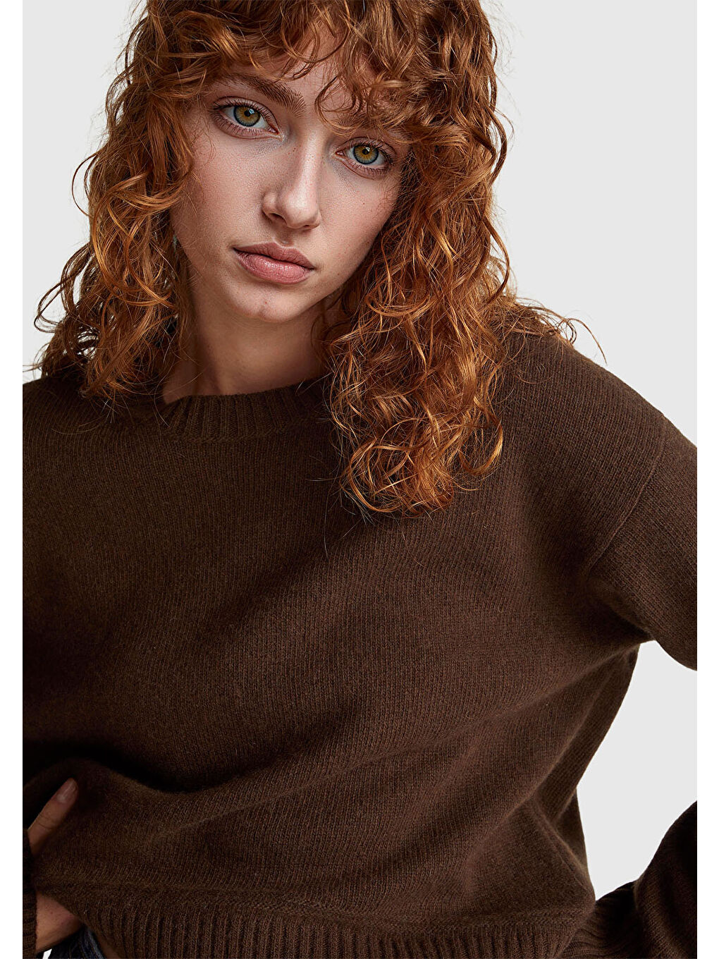 Kadın Koyu Kahverengi Yün Karışımlı Alt Kısmı Geniş Bisiklet Yaka Kazak-5